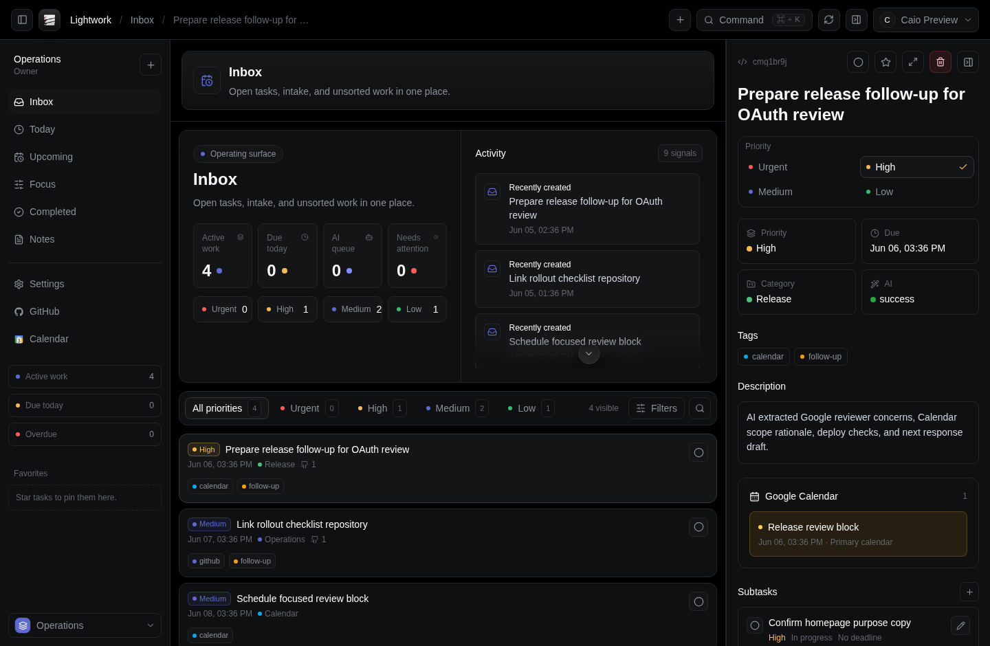 Lightwork app screenshot showing the inbox, structured tasks, priority, tags, subtasks, GitHub context, and a Google Calendar event linked to a task.